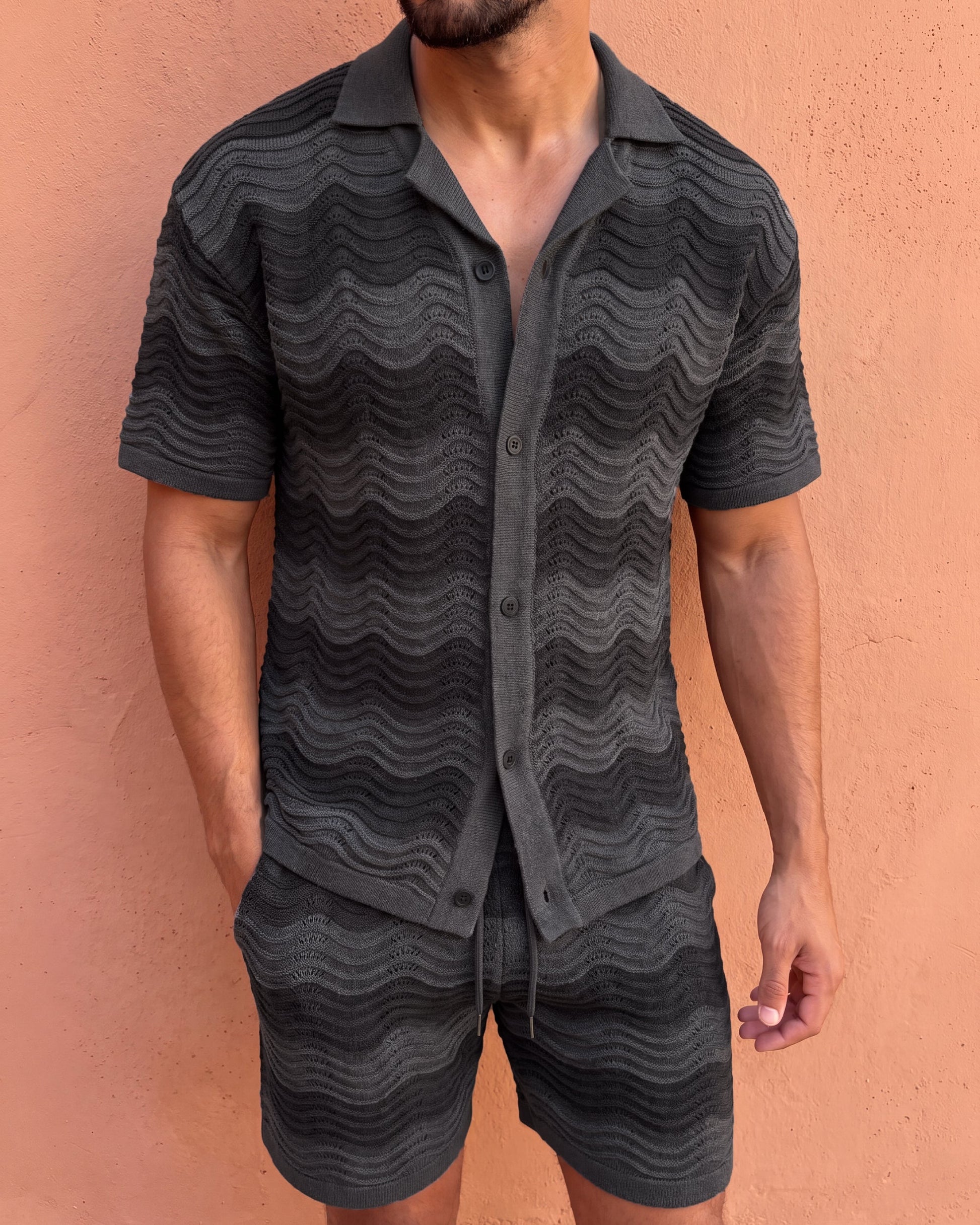 VÉLA CHEVRON KNIT SHORTS - CHARCOAL